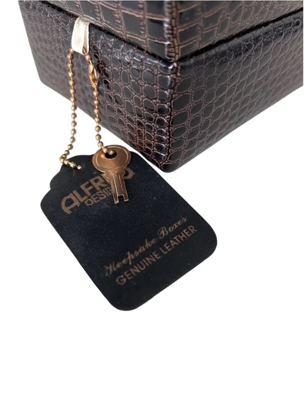 NWOT Alfred Design Keepsake Jewelry Box Genuine Croc Embossed Leather w/ Key